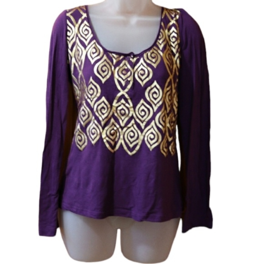 Tory Burch Purple Gold Foil Top Large - Metallic Wide Neck Off Shoulder Henley